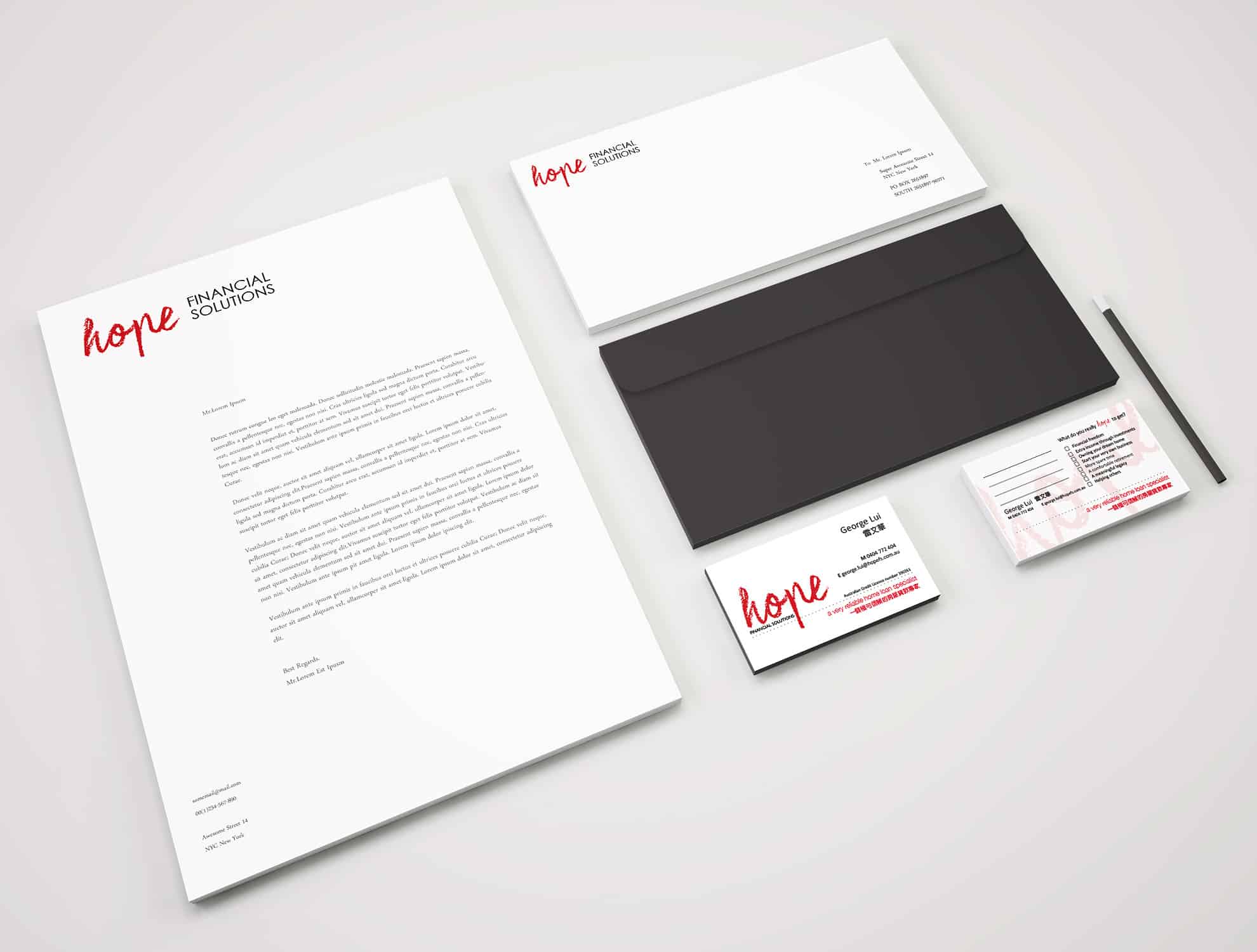 sincere copy brand design stationeries letterhead on desk hope financial solutions